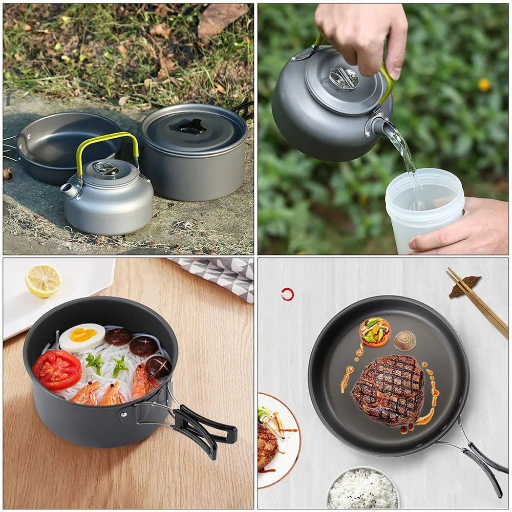 Outdoor camping cookware set aluminum non stick pot portable outdoor tableware cookware cooking pot bowl hiking BBQ picnic