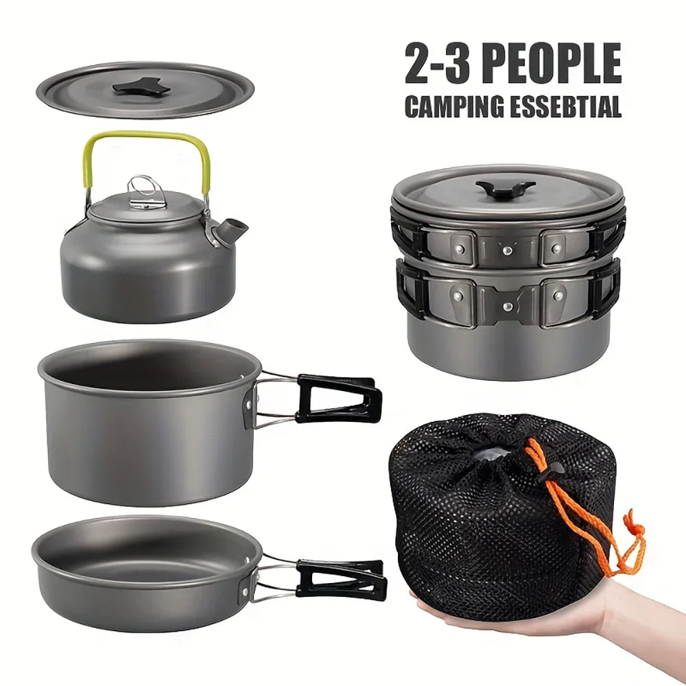 Outdoor camping cookware set aluminum non stick pot portable outdoor tableware cookware cooking pot bowl hiking BBQ picnic