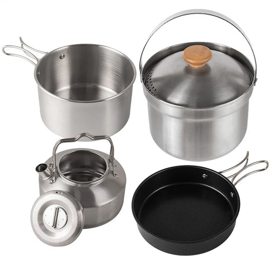 Camping Cookware Set Outdoor Picnic Cookware Kit Stainless Steel Pot Frying Pan Kettle Set Travel Cooking Accessory