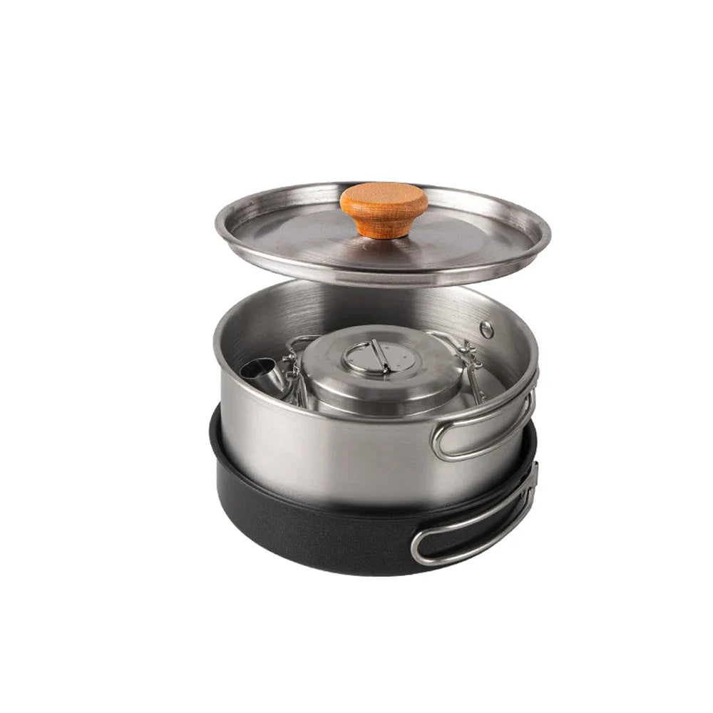 Camping Cookware Set Outdoor Picnic Cookware Kit Stainless Steel Pot Frying Pan Kettle Set Travel Cooking Accessory